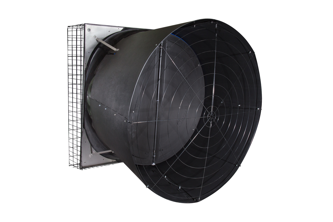 57” X-Brace butterfly shutter exhaust fan, shown without optional through-wall mount.