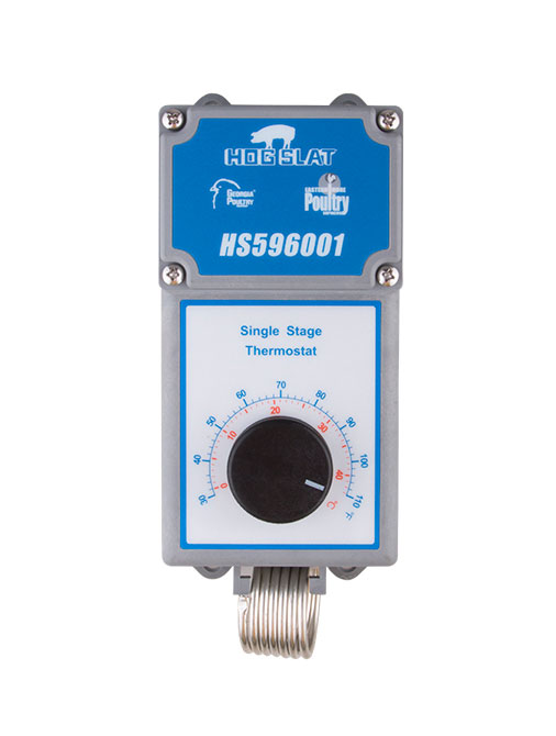 The Hog Slat® single stage HS596001 thermostat (shown) is NEMA 4x rated and suitable for use in all poultry and swine barn applications.