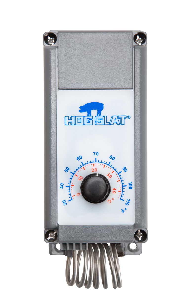 Hog Slat® single stage thermostats control fans, heaters and other equipment that is temperature sensitive.