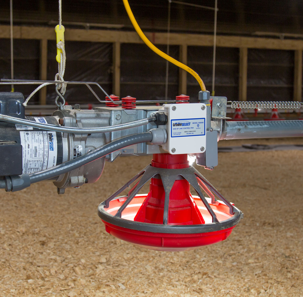 GrowerSELECT® HS8500 End of Line Control Pan with Control Pan Light Kit installed on a broiler house feed line.