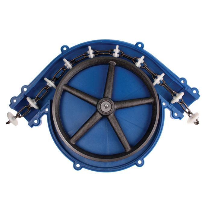Grow-Disk 90° corner wheels are manufactured with heavy duty materials to provide long lasting performance. Interior view shown. 