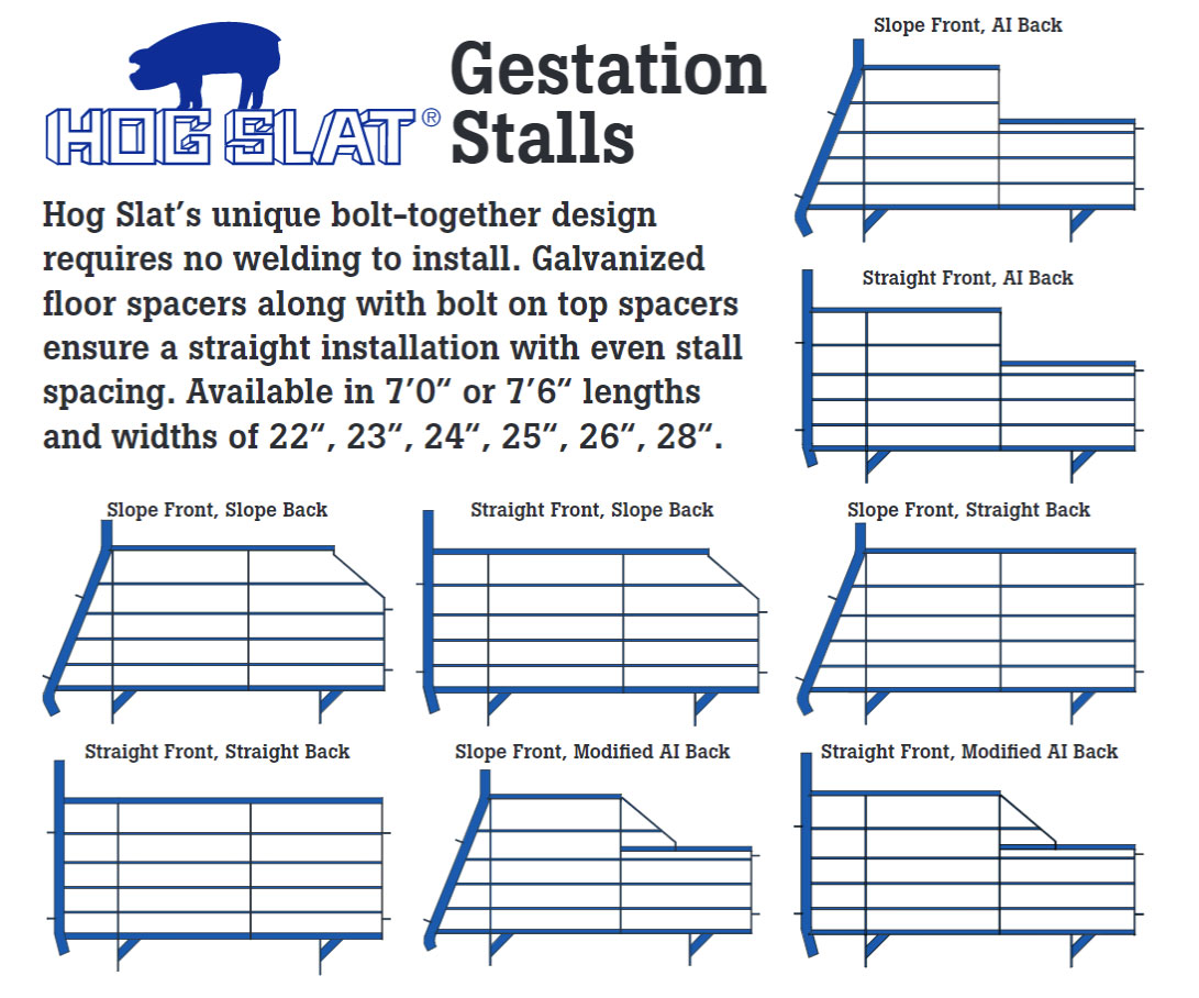 Hog Slat gestation stalls are available in 8 different styles to meet the feeding, layout and operational needs of any swine breeding farm.