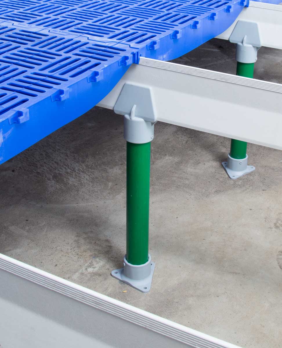 DUO support beam leg sets can be installed to provide intermediate support across the pit for longer beam installations.