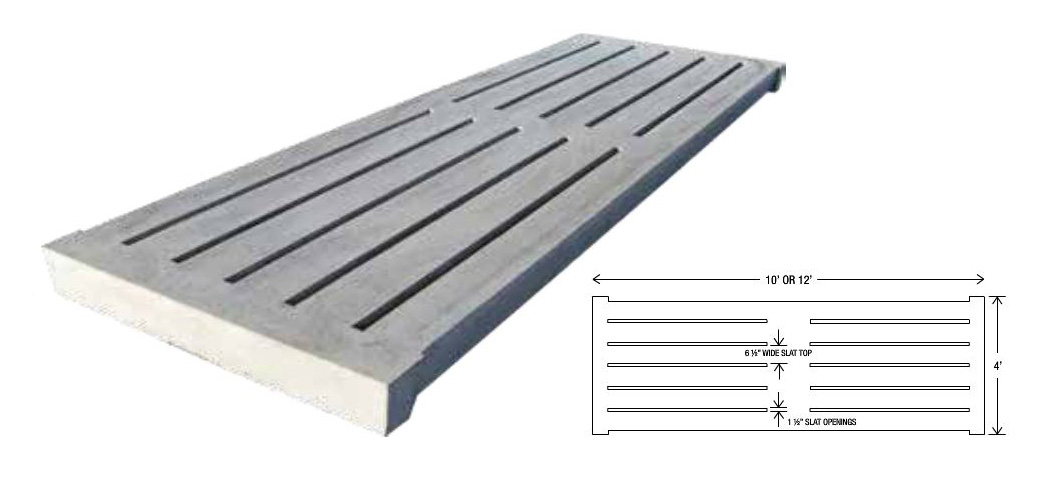 Concrete cattle gang slats are a larger, thicker version of our hog slats, designed for use in dairies and other cattle feeding or livestock barn installations. They are manufactured with the same proven dry-cast process our hog slats are constructed with.