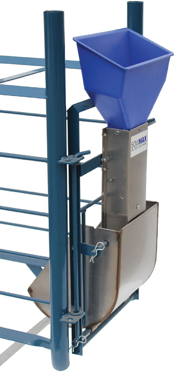 SowMAX ad-lib feeder, shown mounted with a size small Hog Slat sow bowl and optional blue feed hopper (bowl & hopper sold separately)